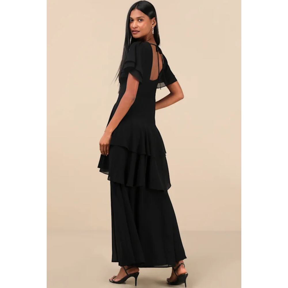 Lulus Midnight Mood Black Tiered Open Back Slit Chiffon A Line Maxi Dress Medium - Picture 2 of 12
